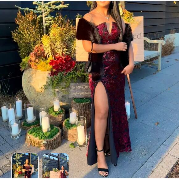 Dress the Population Black Floral Strapless Gown XS Bustier Sequin Designer $400 - Picture 5 of 13